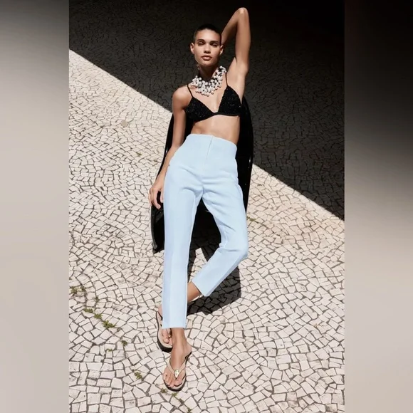 ZARA Elegant PANTS WITH A HIGH WAIST Light Blue Women's Pants - Picture 2 of 8